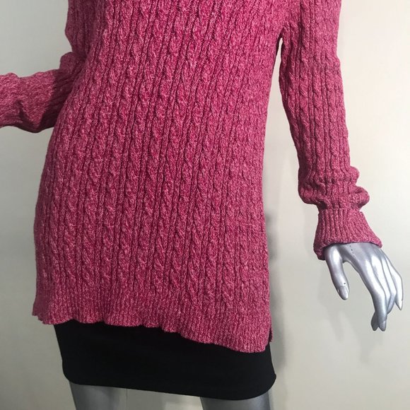 Croft & Barrow Women's Medium Red Pink White Cable Knit Sweater V Neck Tunic Top - Picture 3 of 15